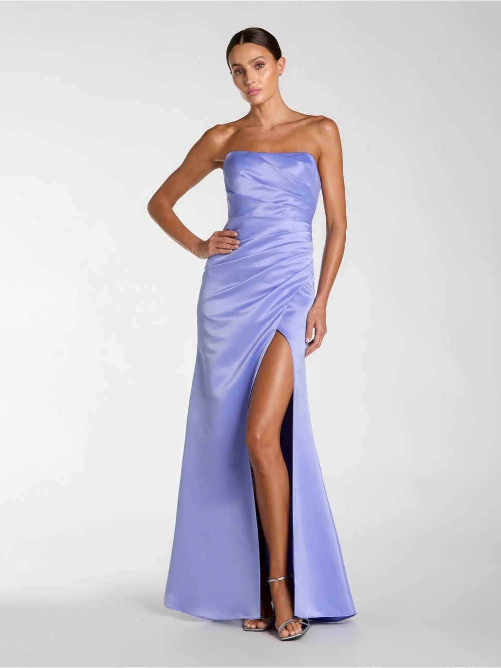 Ieena For Mac Duggal Purple Strapless Satin Gown With Slit In Periwinkle